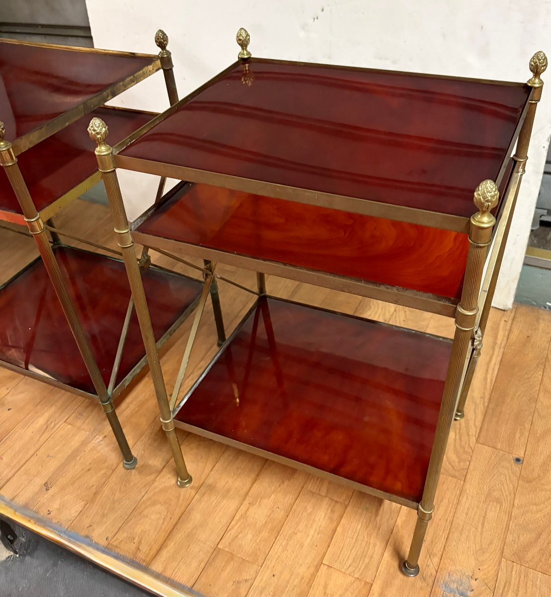 1970s Pair Of 3-tier Bronze Bakelite Side Tables By Maison Baguès 32x40xh63cm-photo-3