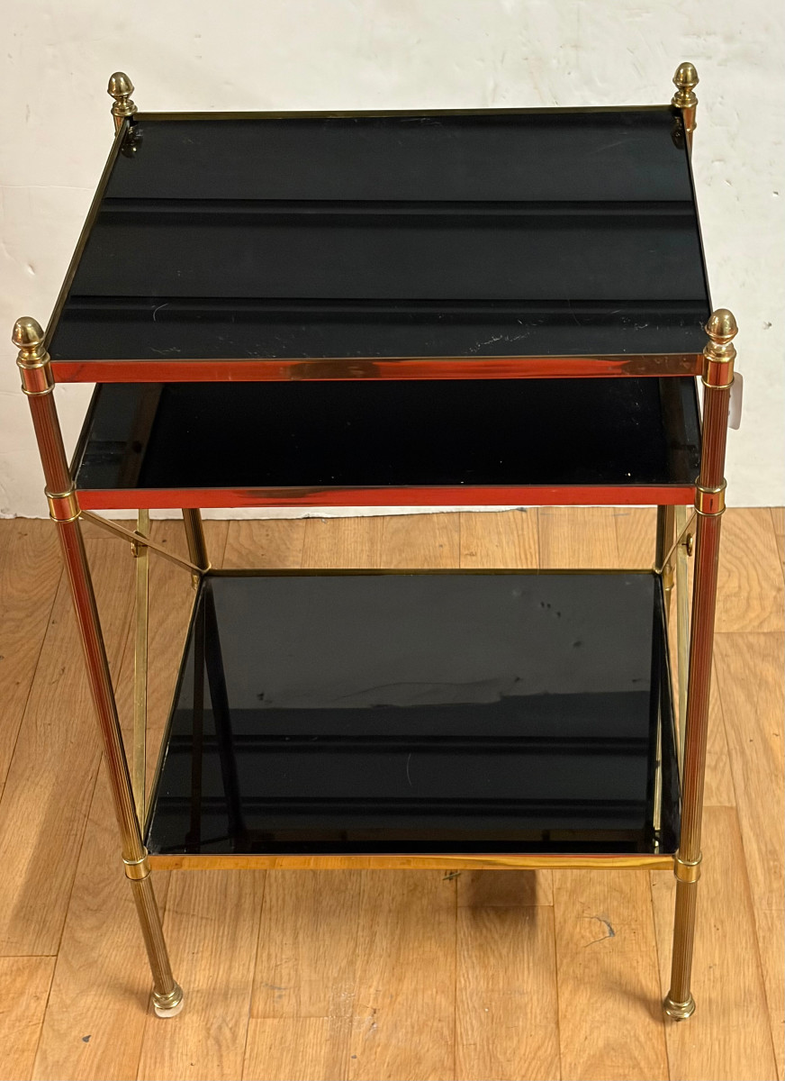 1970s Bronze End Table With 3 Opaline Glass Top, Maison Baguès, With Crossbars, 32 X 40 X 63 Cm (h)