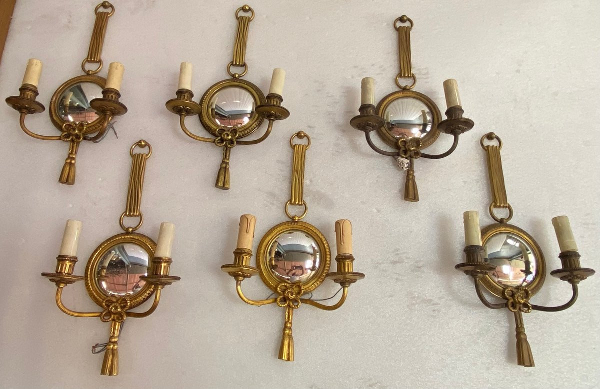 1950s/70s Set Of 10 Gilt Bronze Wall Sconces With Convex Mirror Signed Petitot-photo-2