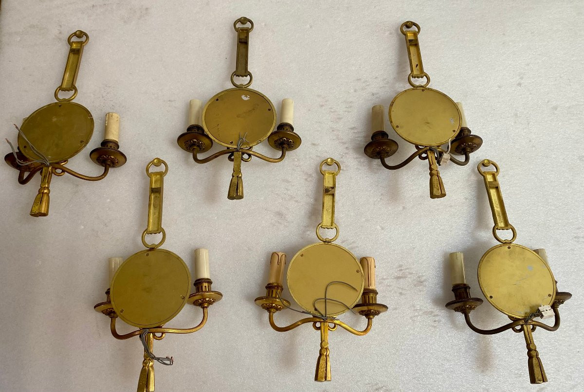 1950s/70s Set Of 10 Gilt Bronze Wall Sconces With Convex Mirror Signed Petitot-photo-4