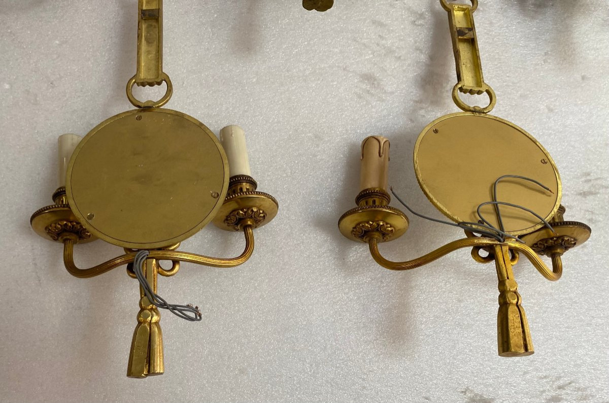 1950s/70s Set Of 10 Gilt Bronze Wall Sconces With Convex Mirror Signed Petitot-photo-1