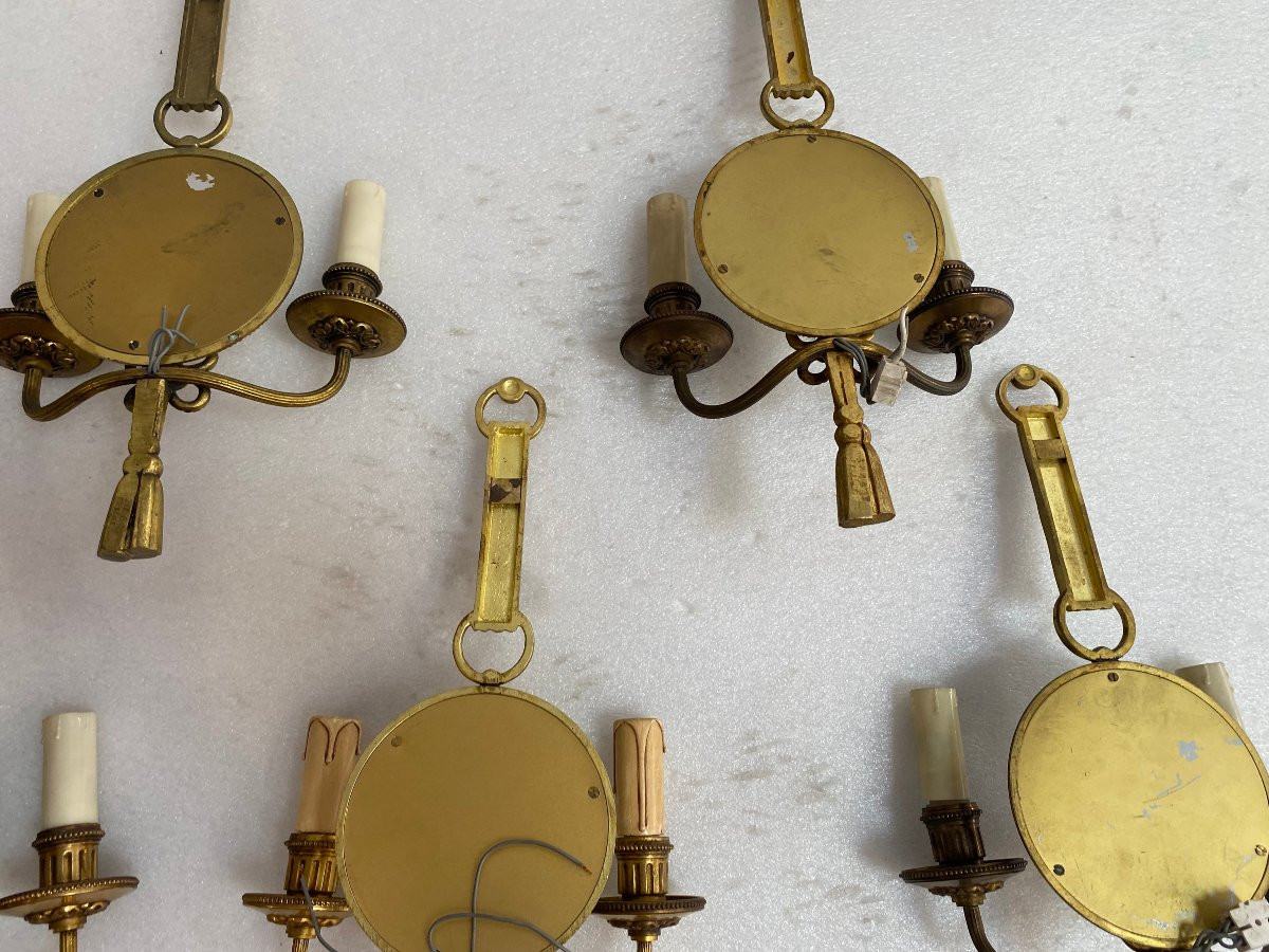 1950s/70s Set Of 10 Gilt Bronze Wall Sconces With Convex Mirror Signed Petitot-photo-3