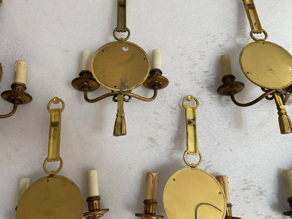 1950s/70s Set Of 10 Gilt Bronze Wall Sconces With Convex Mirror Signed Petitot-photo-4