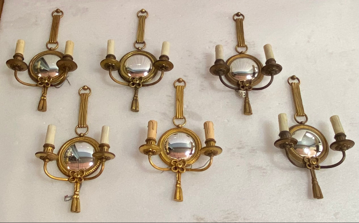 1950s/70s Set Of 10 Gilt Bronze Wall Sconces With Convex Mirror Signed Petitot