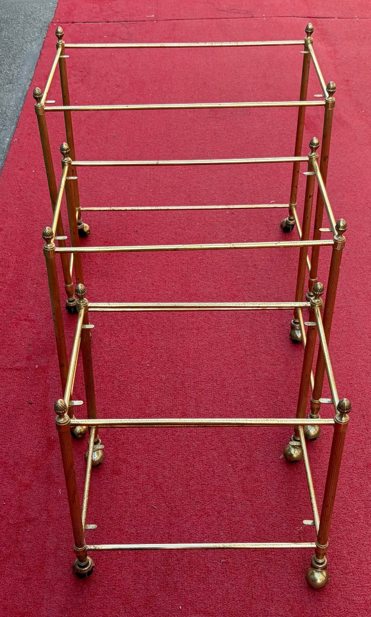 1970s Set Of 3 Rolling Nesting Tables In Gilt Bronze With Removable Toppers-photo-2