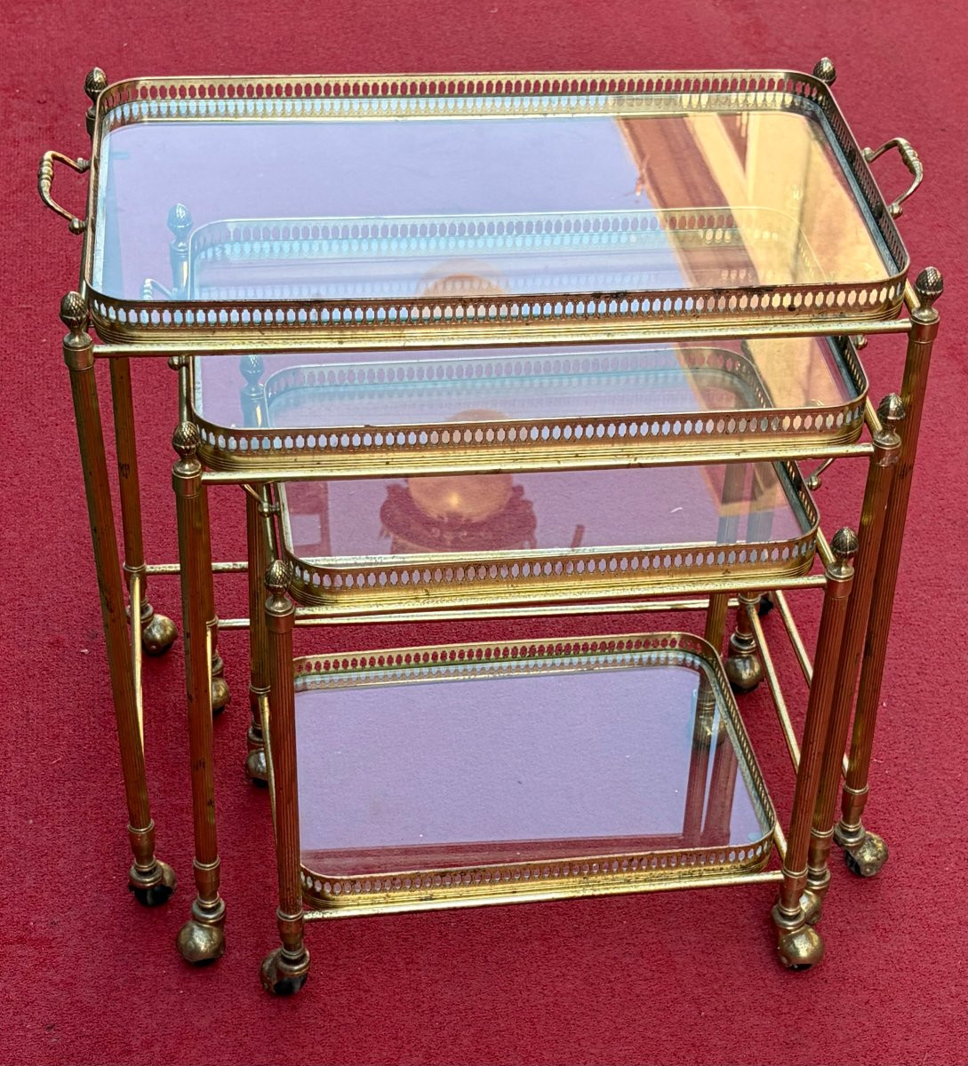 1970s Set Of 3 Rolling Nesting Tables In Gilt Bronze With Removable Toppers-photo-4
