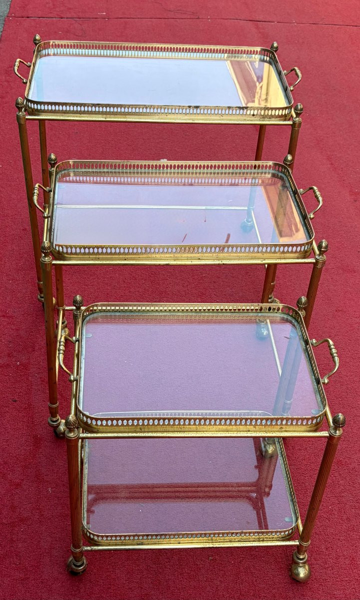 1970s Set Of 3 Rolling Nesting Tables In Gilt Bronze With Removable Toppers-photo-2