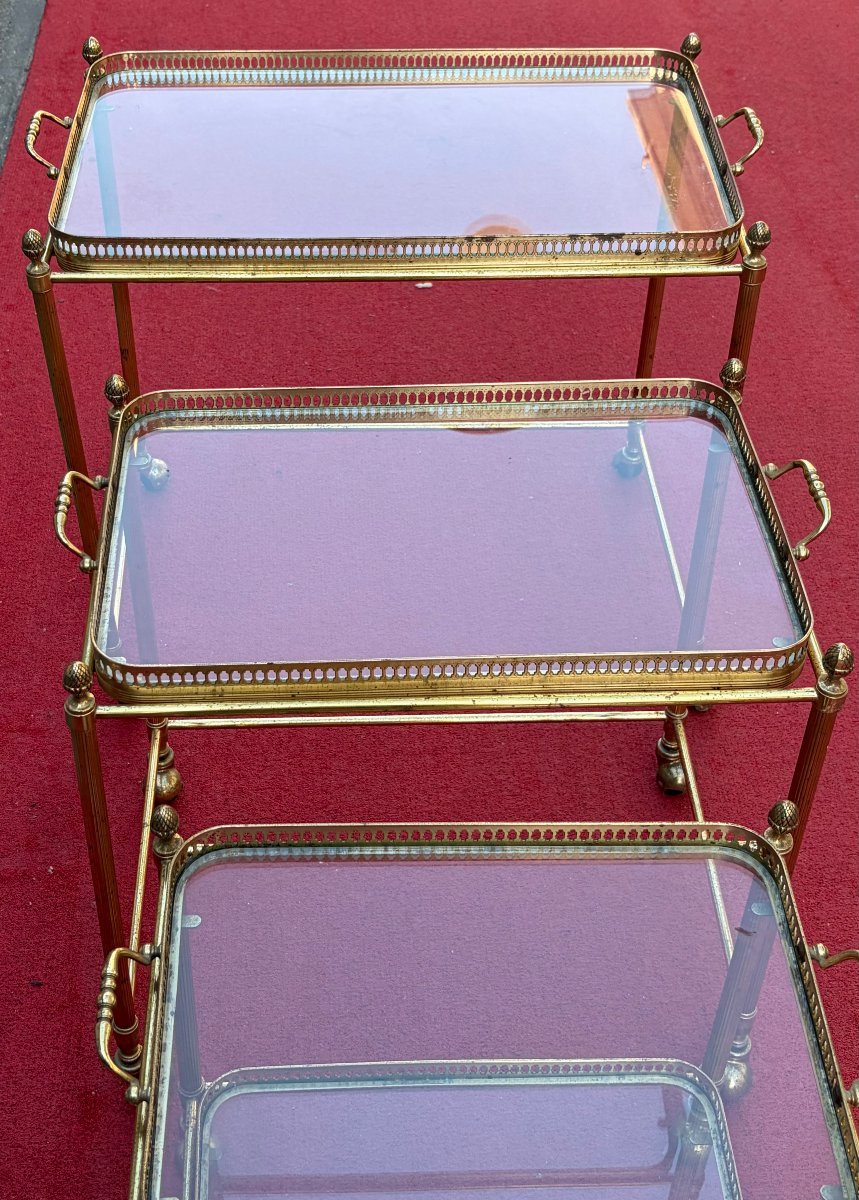 1970s Set Of 3 Rolling Nesting Tables In Gilt Bronze With Removable Toppers-photo-3