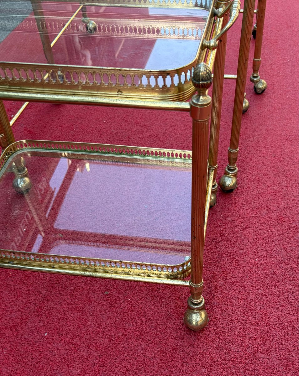 1970s Set Of 3 Rolling Nesting Tables In Gilt Bronze With Removable Toppers-photo-6