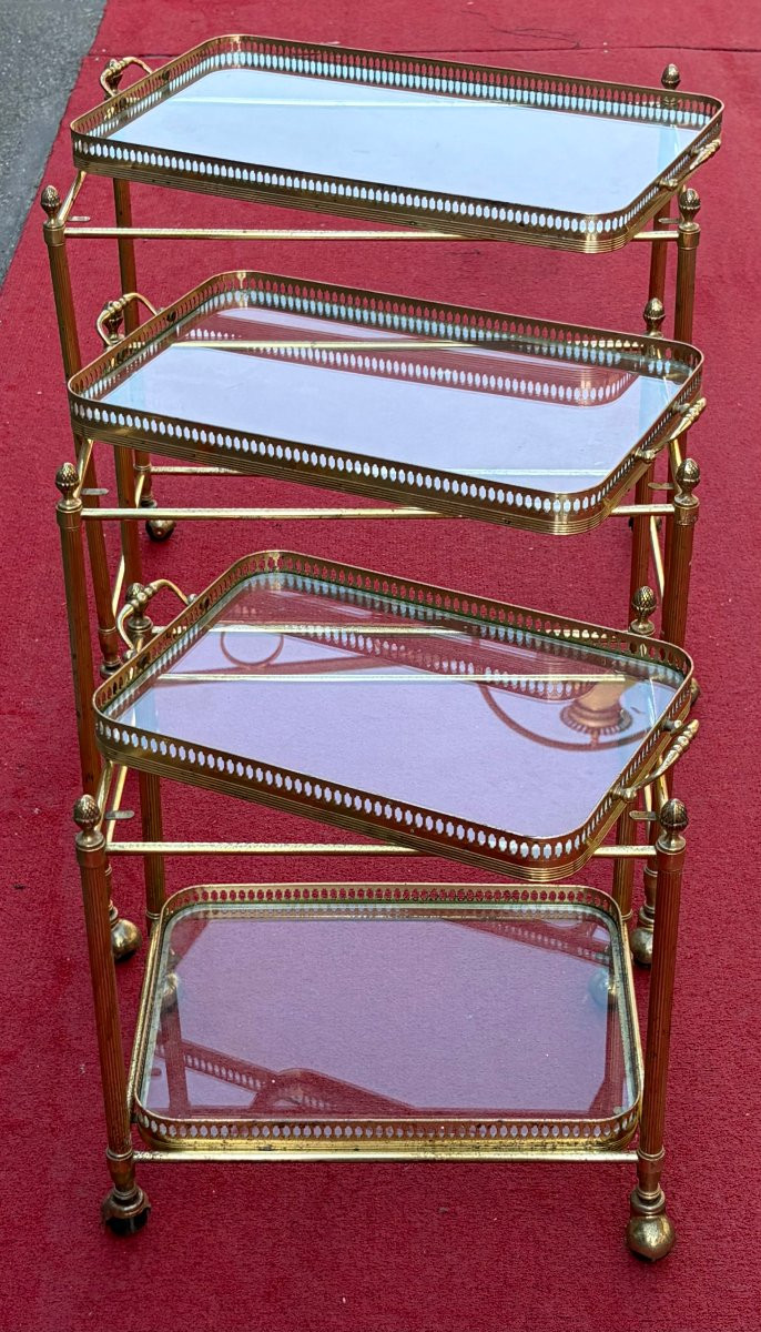 1970s Set Of 3 Rolling Nesting Tables In Gilt Bronze With Removable Toppers-photo-8