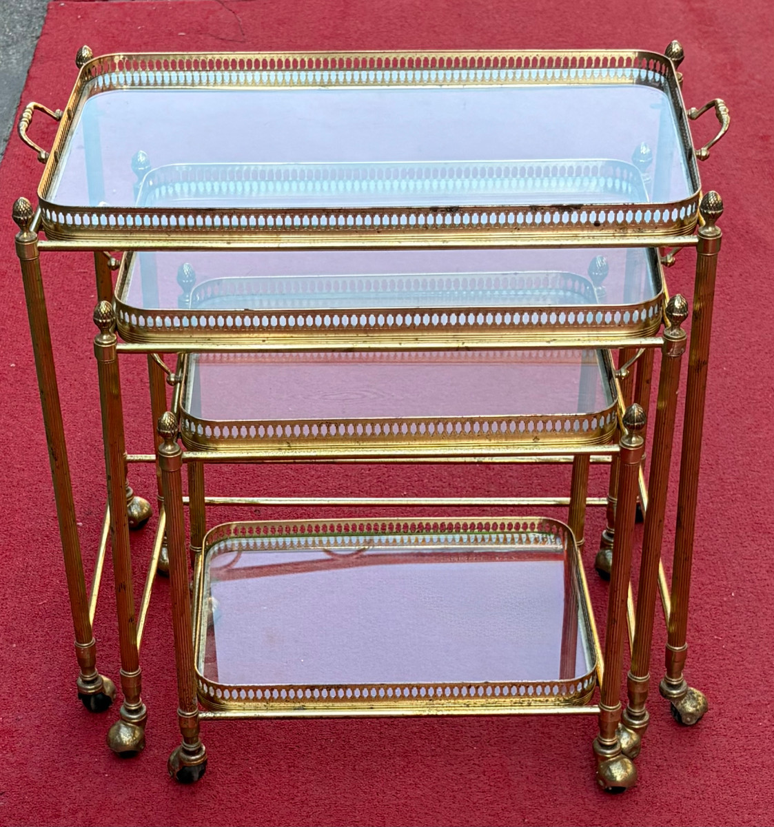 1970s Set Of 3 Rolling Nesting Tables In Gilt Bronze With Removable Toppers