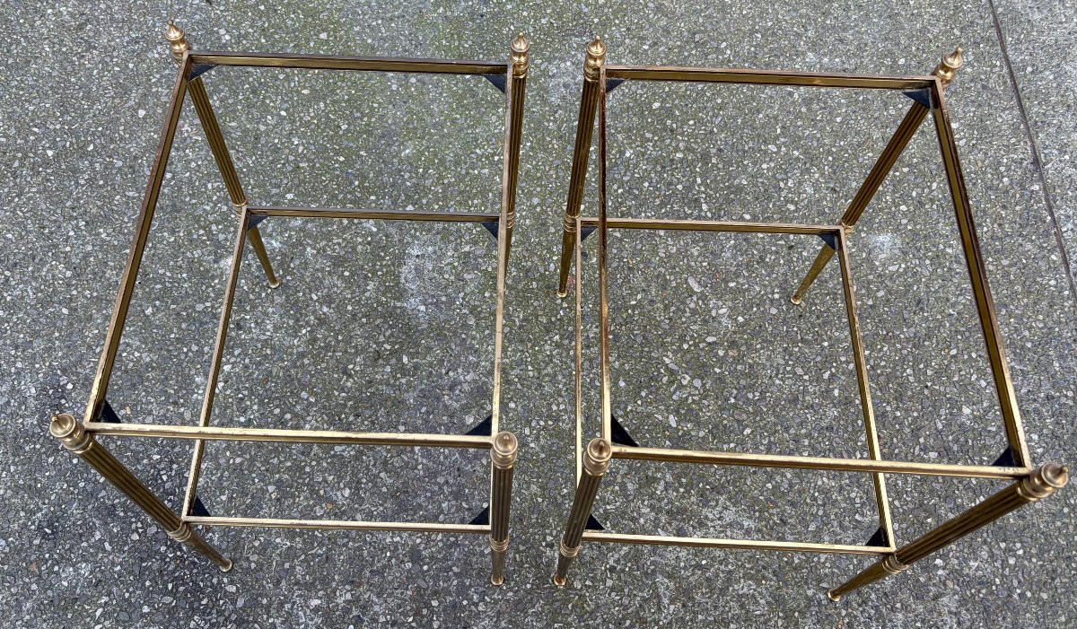 1970′ Paire de Bouts de Canapé Bronze 2 Niveaux Maison Baguès Plateaux Vitres 48 X41 X H  60 cm-photo-2