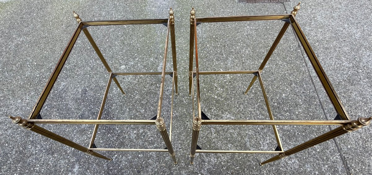 1970′ Paire de Bouts de Canapé Bronze 2 Niveaux Maison Baguès Plateaux Vitres 48 X41 X H  60 cm-photo-3