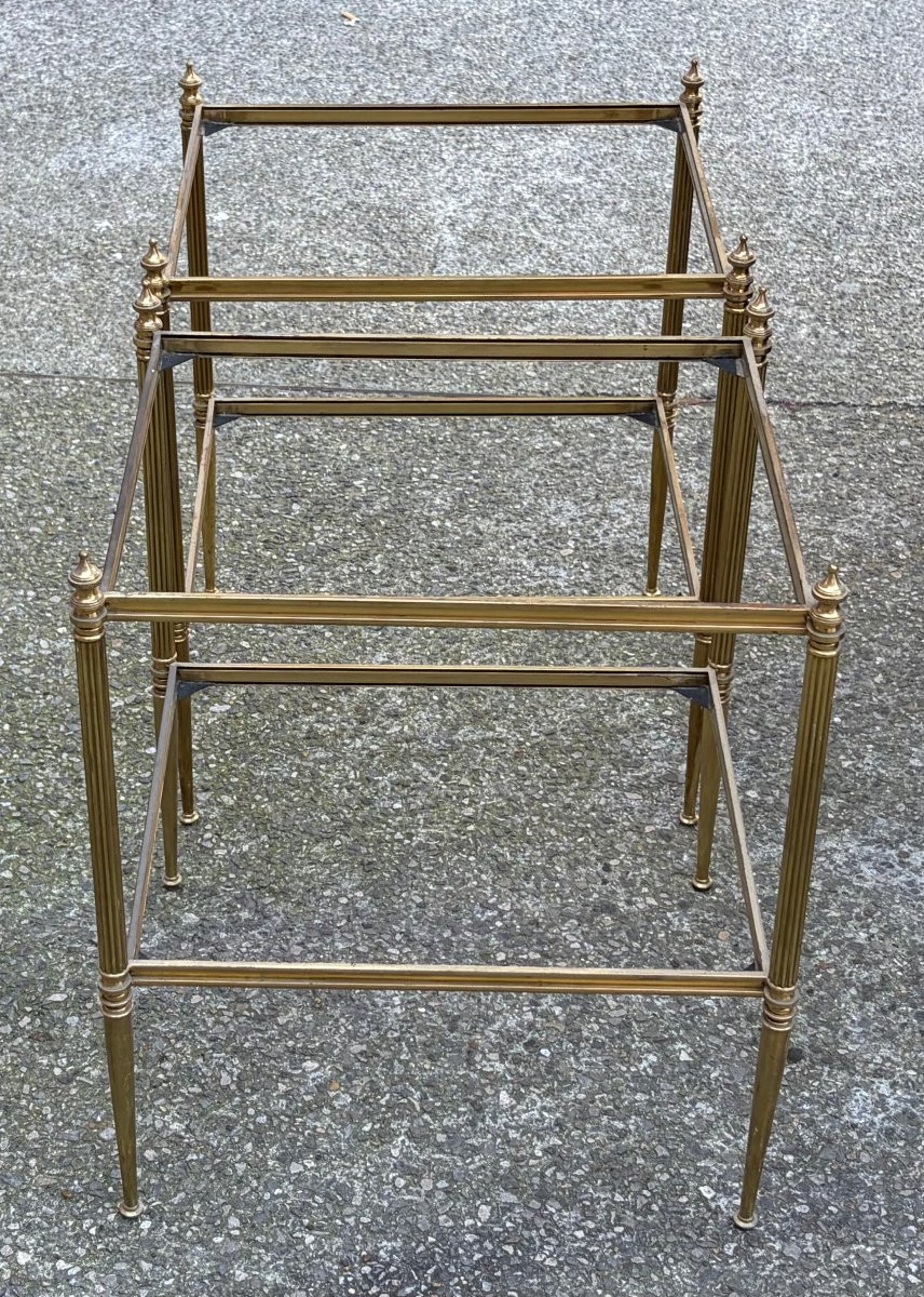1970′ Paire de Bouts de Canapé Bronze 2 Niveaux Maison Baguès Plateaux Vitres 48 X41 X H  60 cm-photo-4