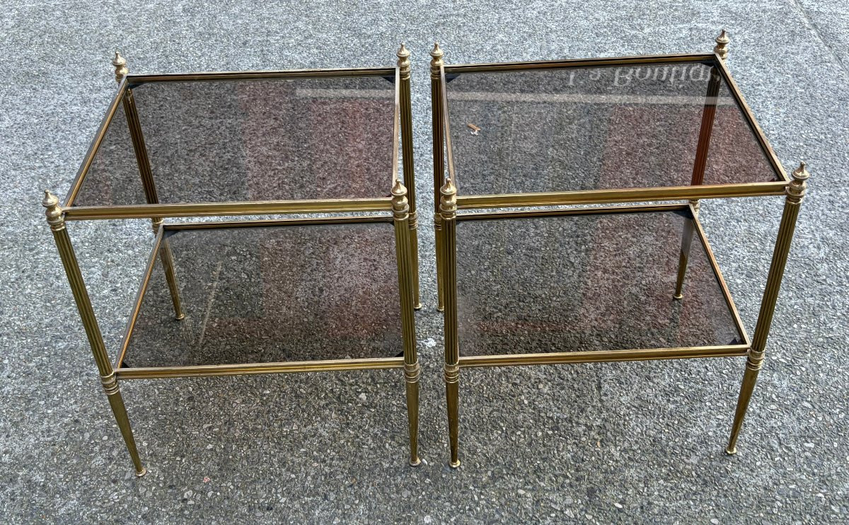 1970′ Paire de Bouts de Canapé Bronze 2 Niveaux Maison Baguès Plateaux Vitres 48 X41 X H  60 cm-photo-4