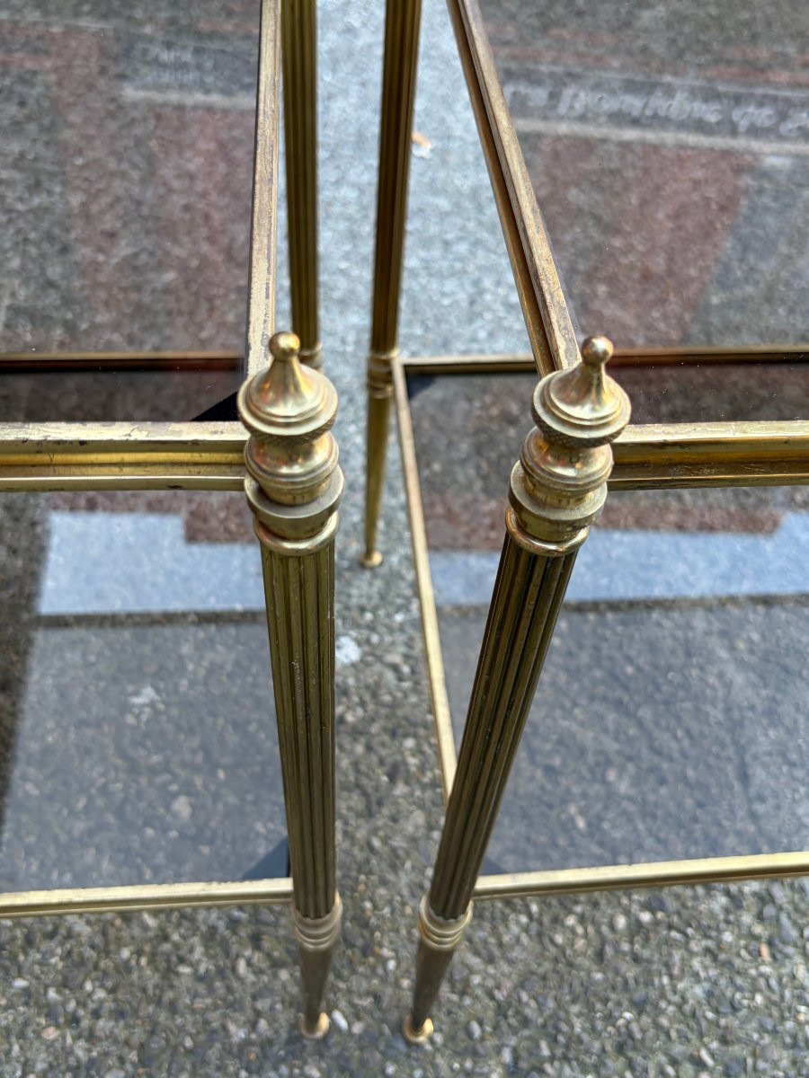 1970′ Paire de Bouts de Canapé Bronze 2 Niveaux Maison Baguès Plateaux Vitres 48 X41 X H  60 cm-photo-5