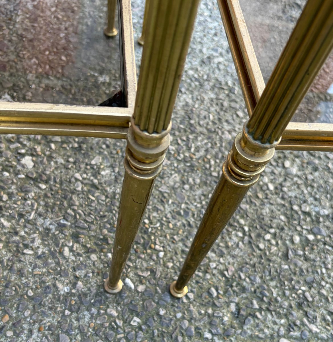 1970′ Paire de Bouts de Canapé Bronze 2 Niveaux Maison Baguès Plateaux Vitres 48 X41 X H  60 cm-photo-6