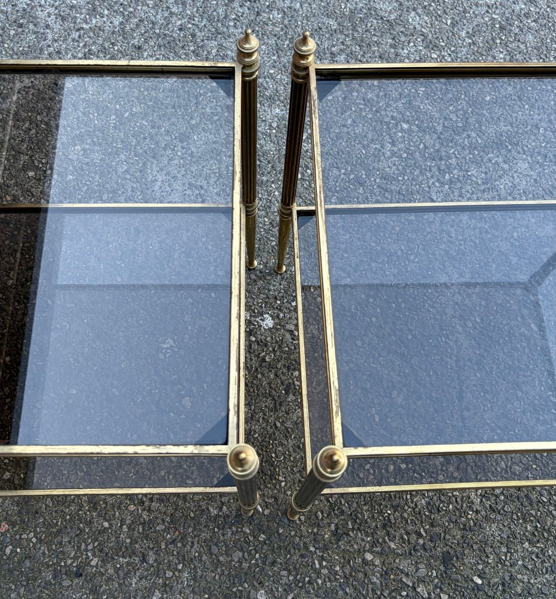 1970′ Paire de Bouts de Canapé Bronze 2 Niveaux Maison Baguès Plateaux Vitres 48 X41 X H  60 cm-photo-8