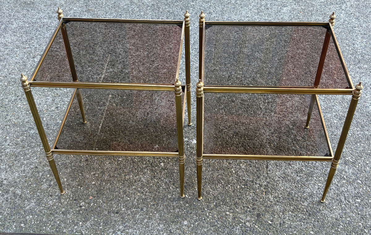 1970′ Paire de Bouts de Canapé Bronze 2 Niveaux Maison Baguès Plateaux Vitres 48 X41 X H  60 cm