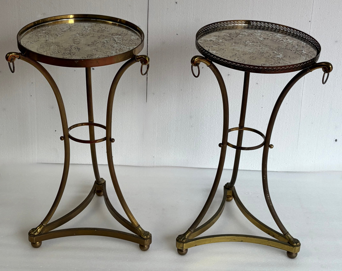 1950/70 Paire de Guéridons Ou Similaires Style Maison Jansen Bronze Doré Plateaux Miroirs Agés