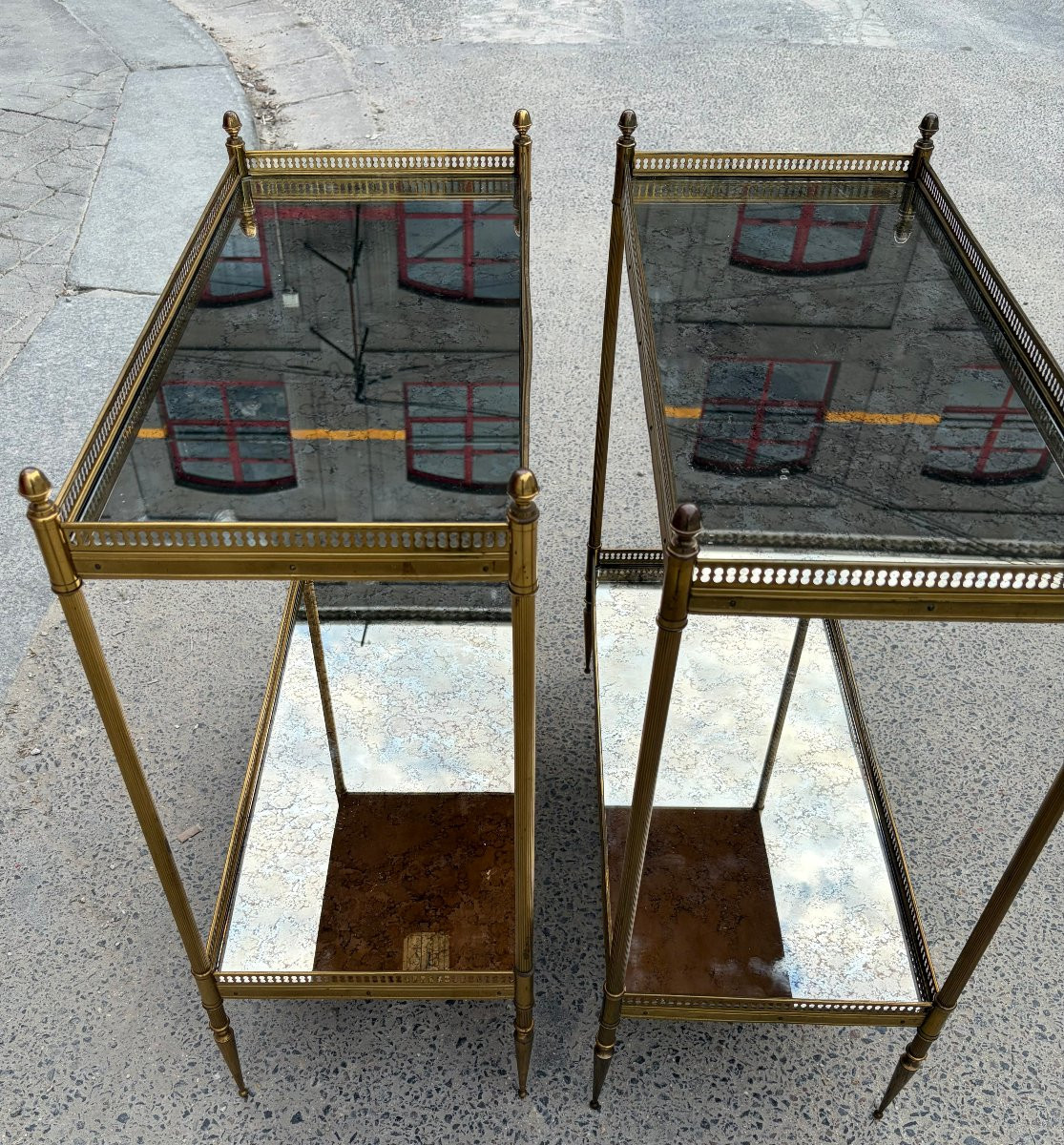 1950/70′ Paire d’Étagères Maison Baguès 64 X 30 cm H 68 cm Plateaux Miroirs Oxydés Vieillis-photo-2