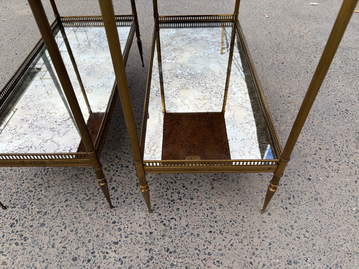 1950/70′ Paire d’Étagères Maison Baguès 64 X 30 cm H 68 cm Plateaux Miroirs Oxydés Vieillis-photo-4