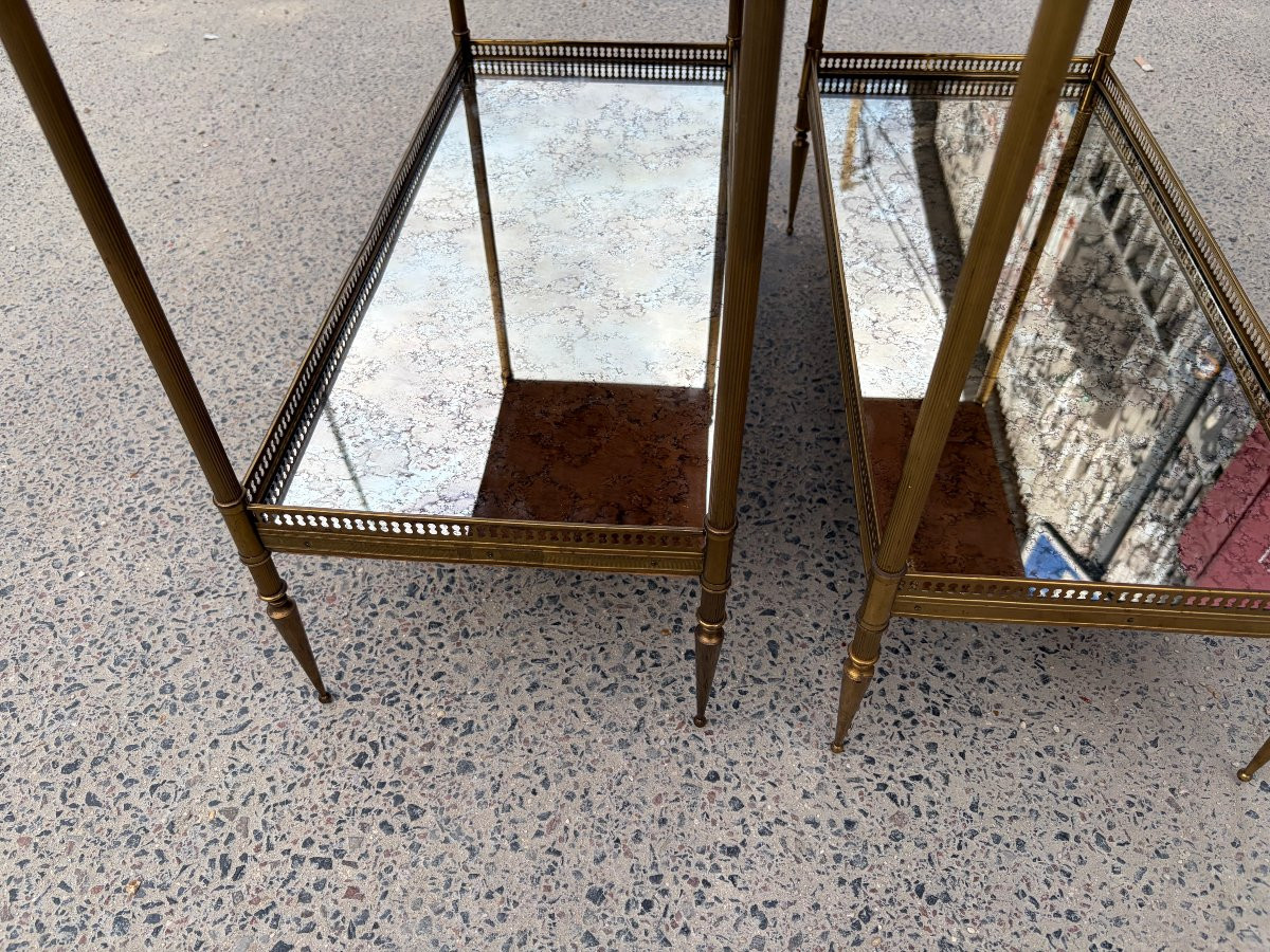 1950/70′ Paire d’Étagères Maison Baguès 64 X 30 cm H 68 cm Plateaux Miroirs Oxydés Vieillis-photo-5