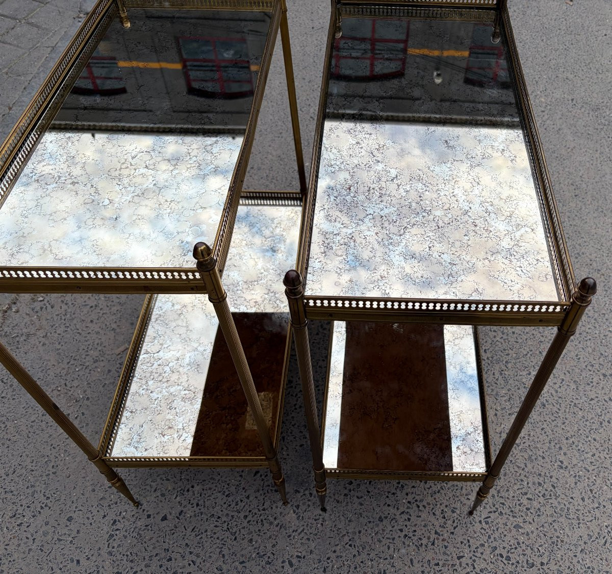 1950/70′ Paire d’Étagères Maison Baguès 64 X 30 cm H 68 cm Plateaux Miroirs Oxydés Vieillis-photo-6