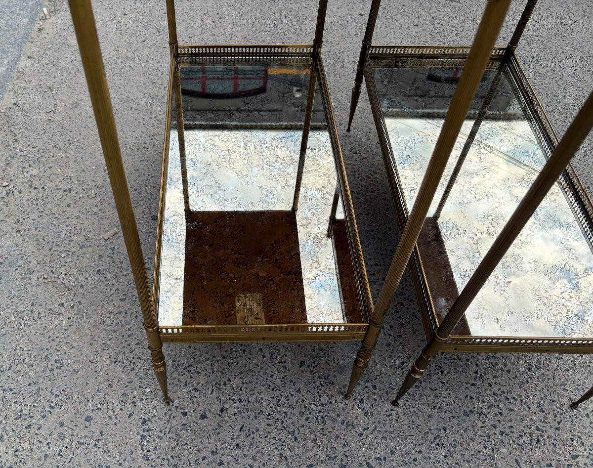 1950/70′ Paire d’Étagères Maison Baguès 64 X 30 cm H 68 cm Plateaux Miroirs Oxydés Vieillis-photo-8