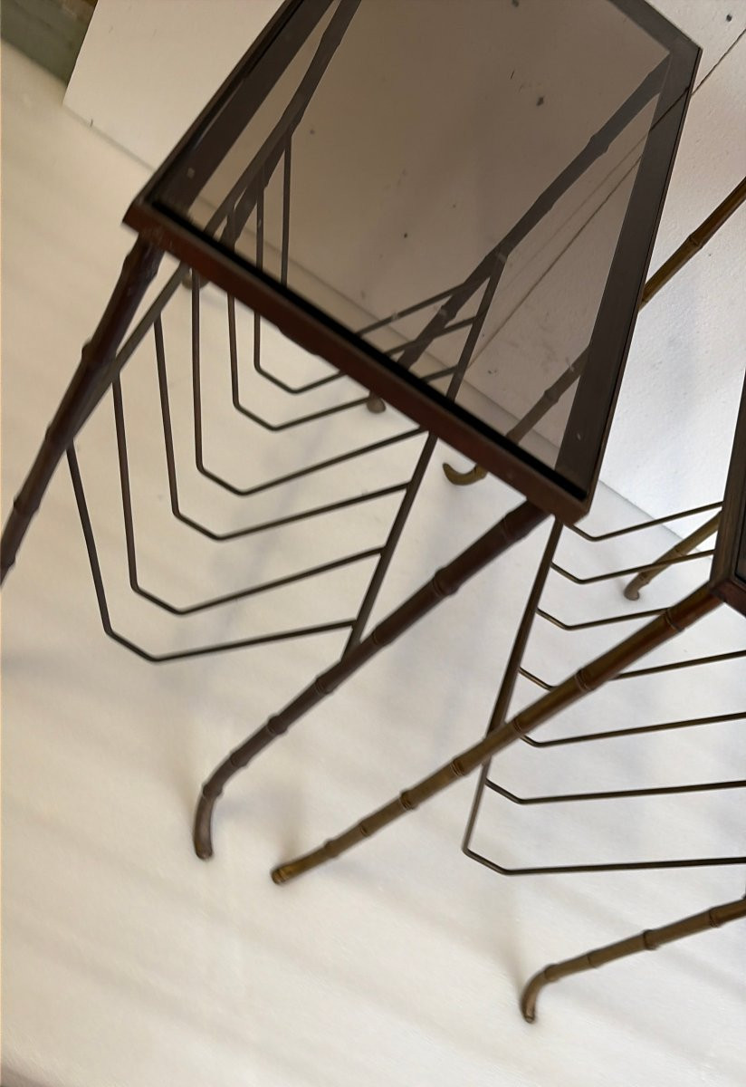 1970s Pair Of Baguès Bronze Magazine Racks With Smoked Glass Top, 50 X 25 X 48 Cm (h)-photo-2