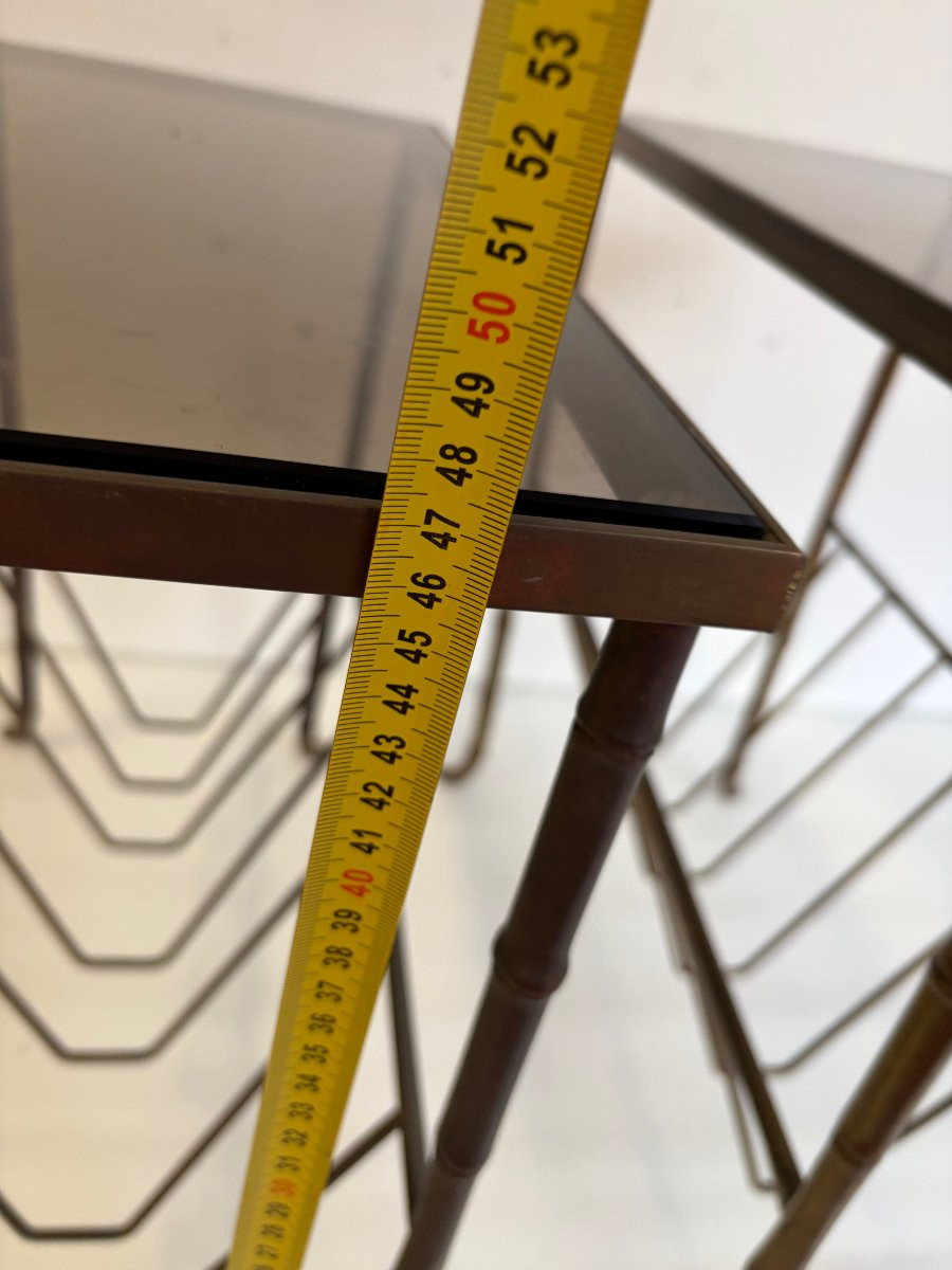 1970s Pair Of Baguès Bronze Magazine Racks With Smoked Glass Top, 50 X 25 X 48 Cm (h)-photo-2