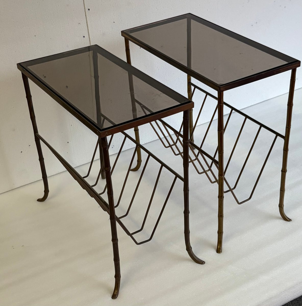 1970s Pair Of Baguès Bronze Magazine Racks With Smoked Glass Top, 50 X 25 X 48 Cm (h)-photo-7