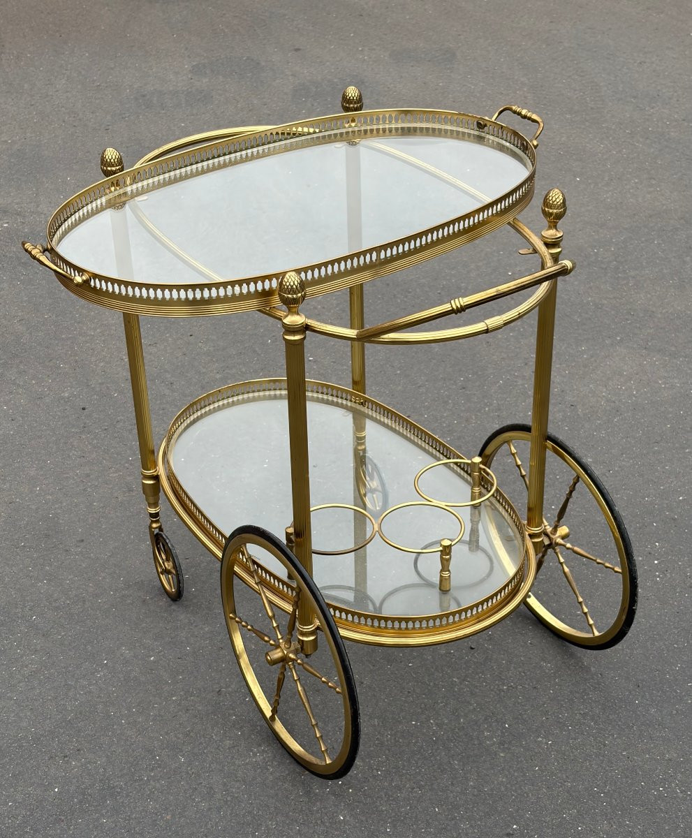 1970′ Bar Roulant en Bronze et Laiton Doré Maison Baguès Plateaux Ovales-photo-3