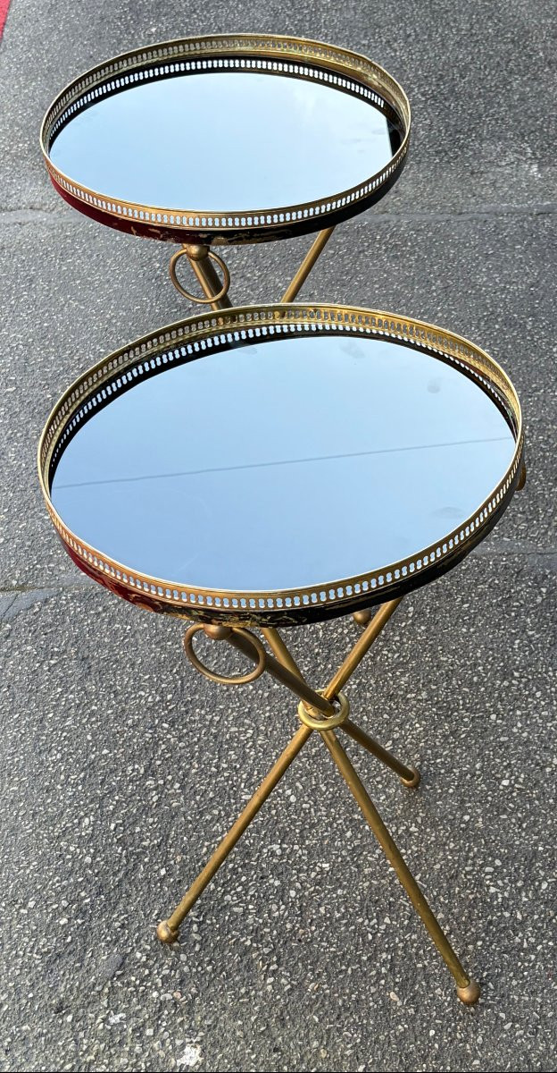 1940/50′ Paire de Guéridons Laiton Patiné Style Jacques Adnet Ø 40 cm H 66 cm-photo-1