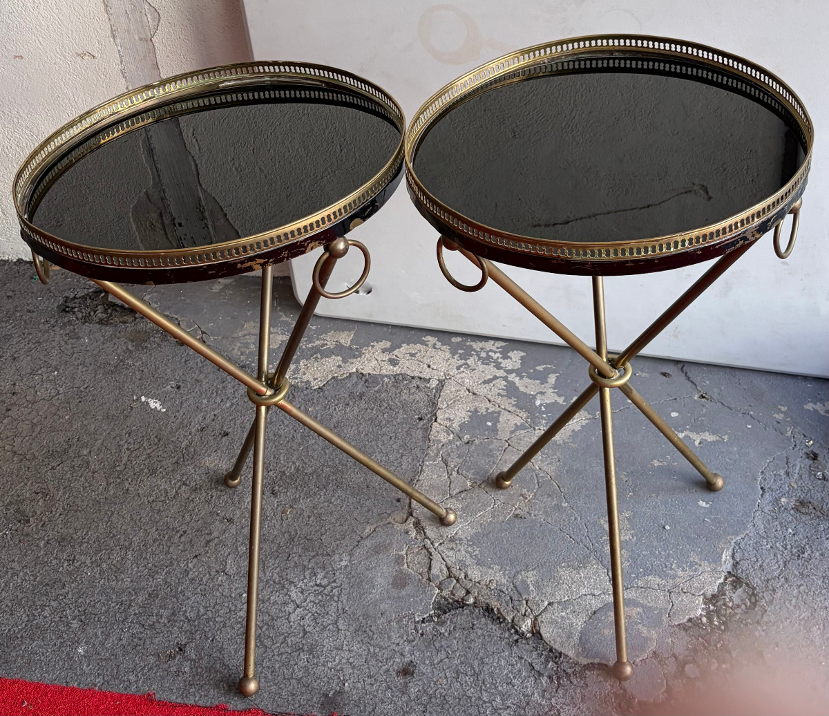 1940/50′ Paire de Guéridons Laiton Patiné Style Jacques Adnet Ø 40 cm H 66 cm