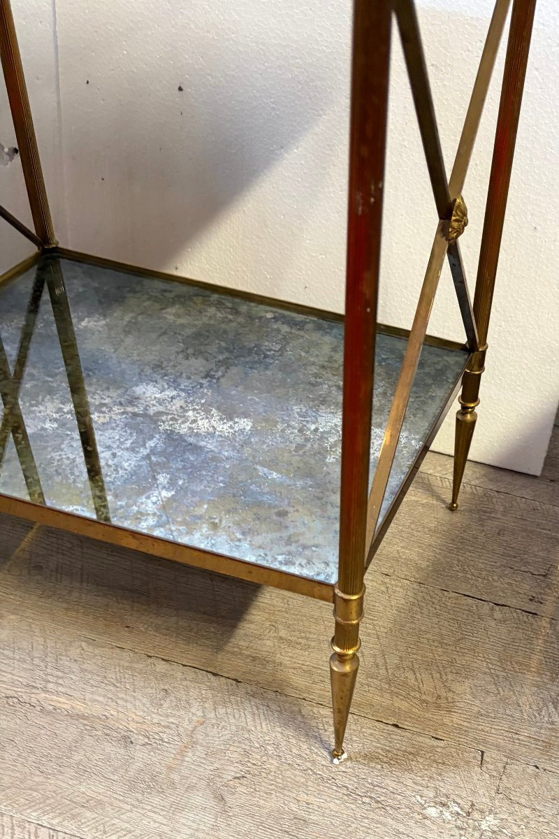 1970′ Paire d’ Étagères en Laiton 3 Niveaux Maison Baguès Plateaux Miroirs Oxydés Vieillis H 86-photo-1