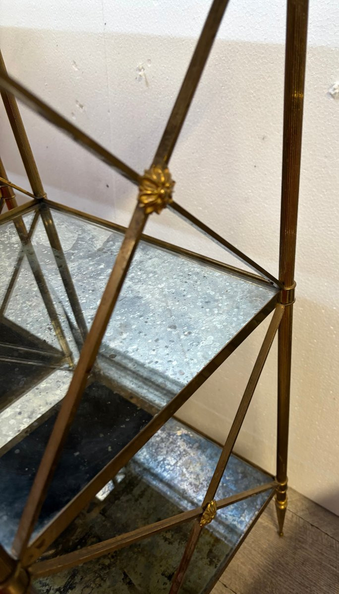 1970′ Paire d’ Étagères en Laiton 3 Niveaux Maison Baguès Plateaux Miroirs Oxydés Vieillis H 86-photo-3
