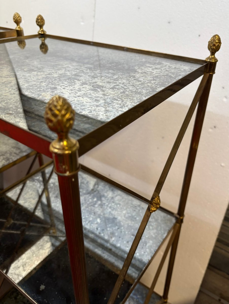 1970′ Paire d’ Étagères en Laiton 3 Niveaux Maison Baguès Plateaux Miroirs Oxydés Vieillis H 86-photo-4