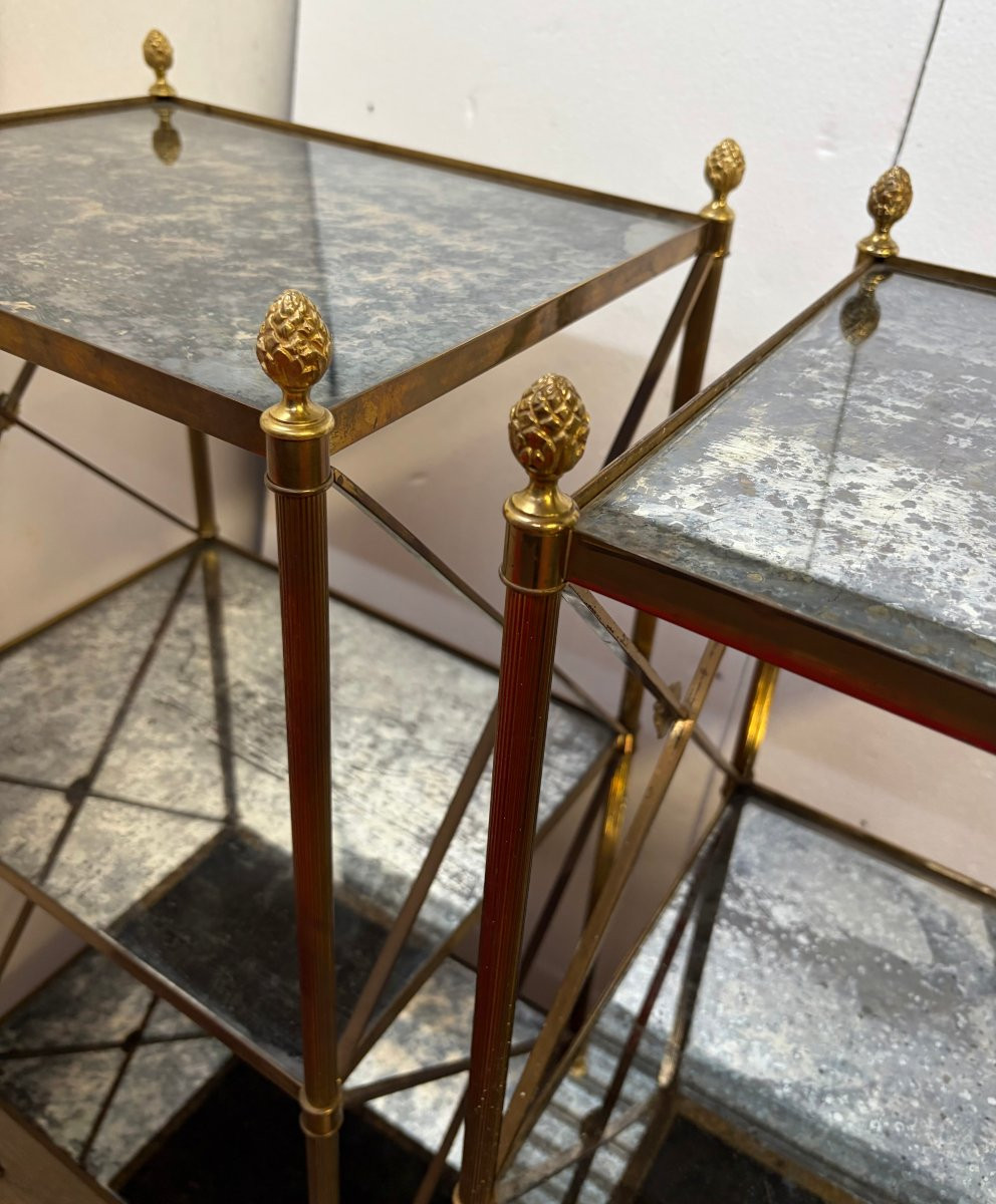 1970′ Paire d’ Étagères en Laiton 3 Niveaux Maison Baguès Plateaux Miroirs Oxydés Vieillis H 86-photo-5