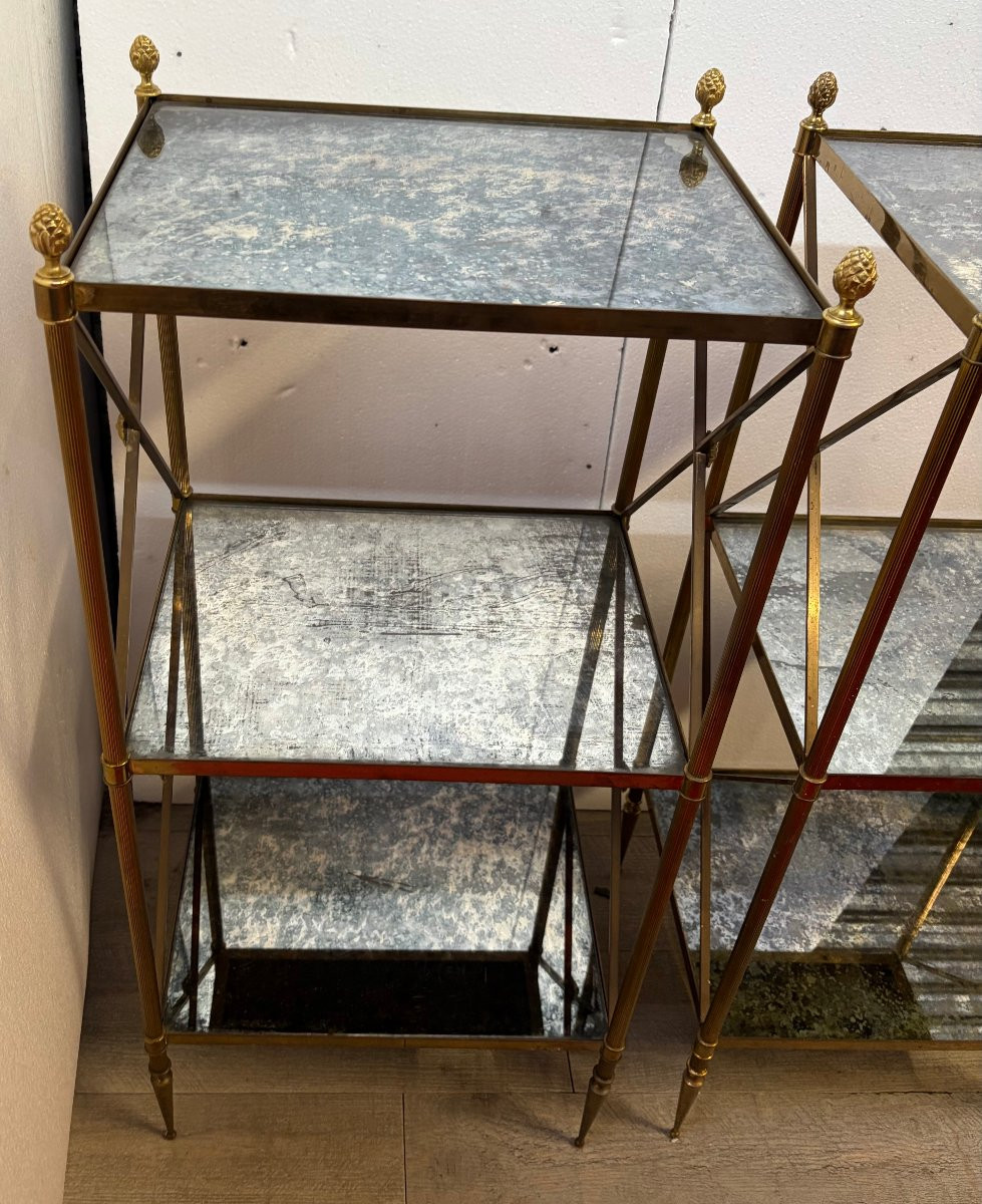 1970′ Paire d’ Étagères en Laiton 3 Niveaux Maison Baguès Plateaux Miroirs Oxydés Vieillis H 86-photo-7