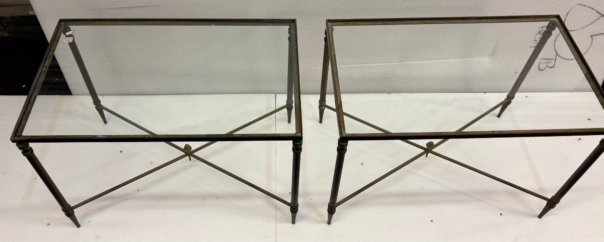 1970′ Paire De Tables Maison Baguès En Bronze Doré Avec Entretoise 34 X 55 X H 39 cm-photo-2