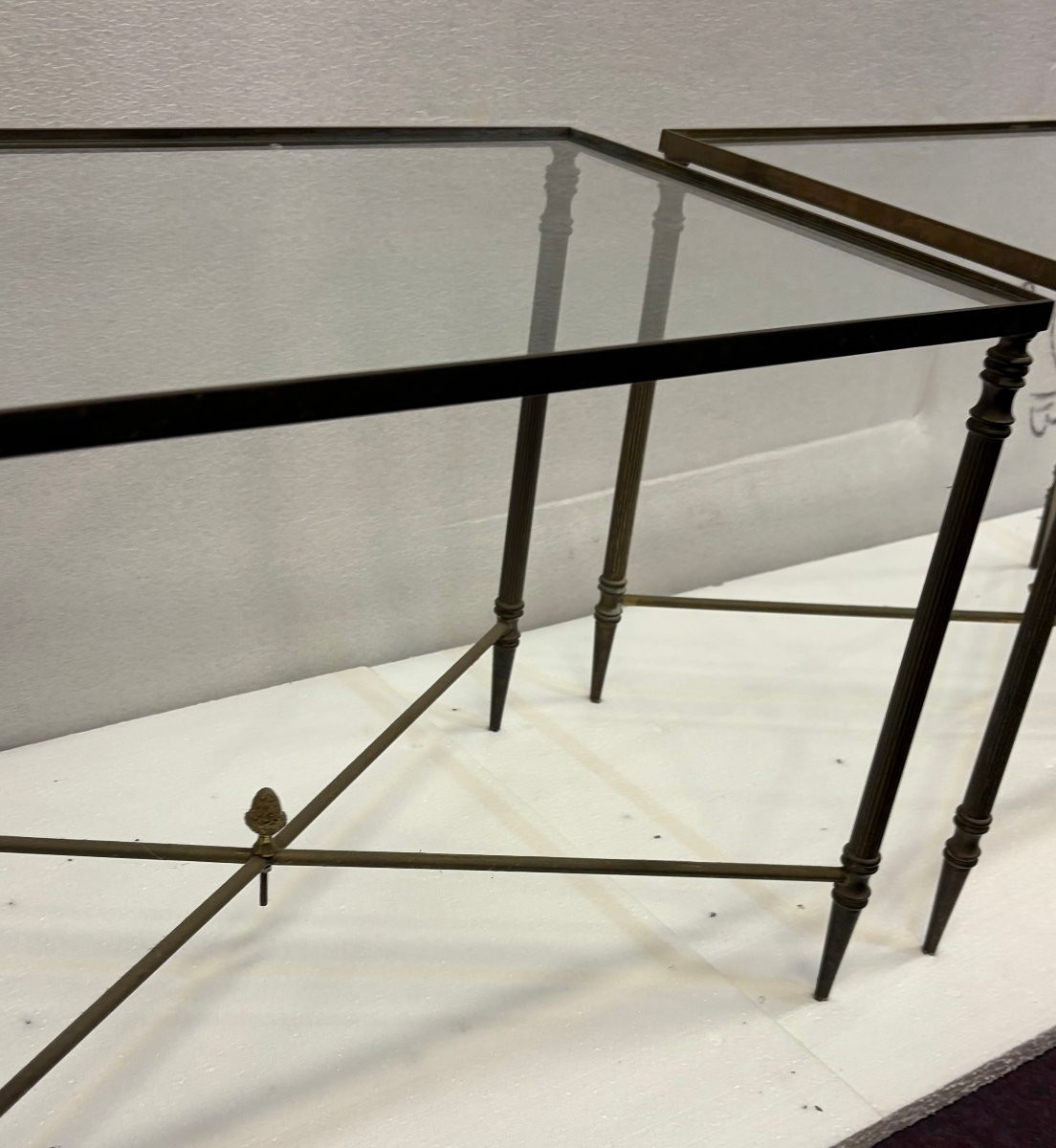 1970′ Paire De Tables Maison Baguès En Bronze Doré Avec Entretoise 34 X 55 X H 39 cm-photo-4