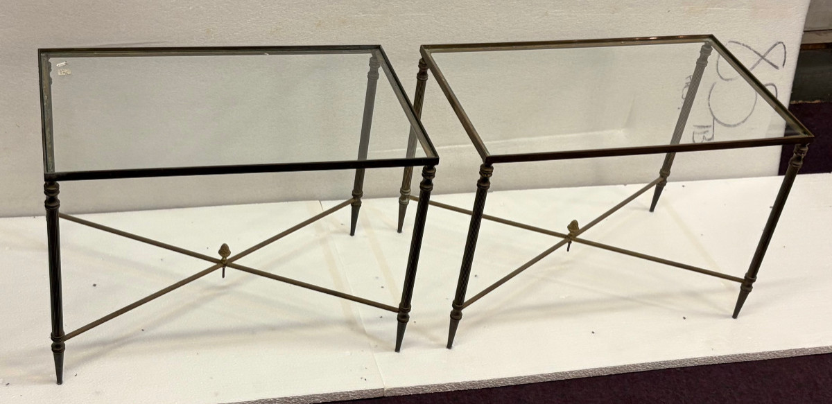 1970′ Paire De Tables Maison Baguès En Bronze Doré Avec Entretoise 34 X 55 X H 39 cm