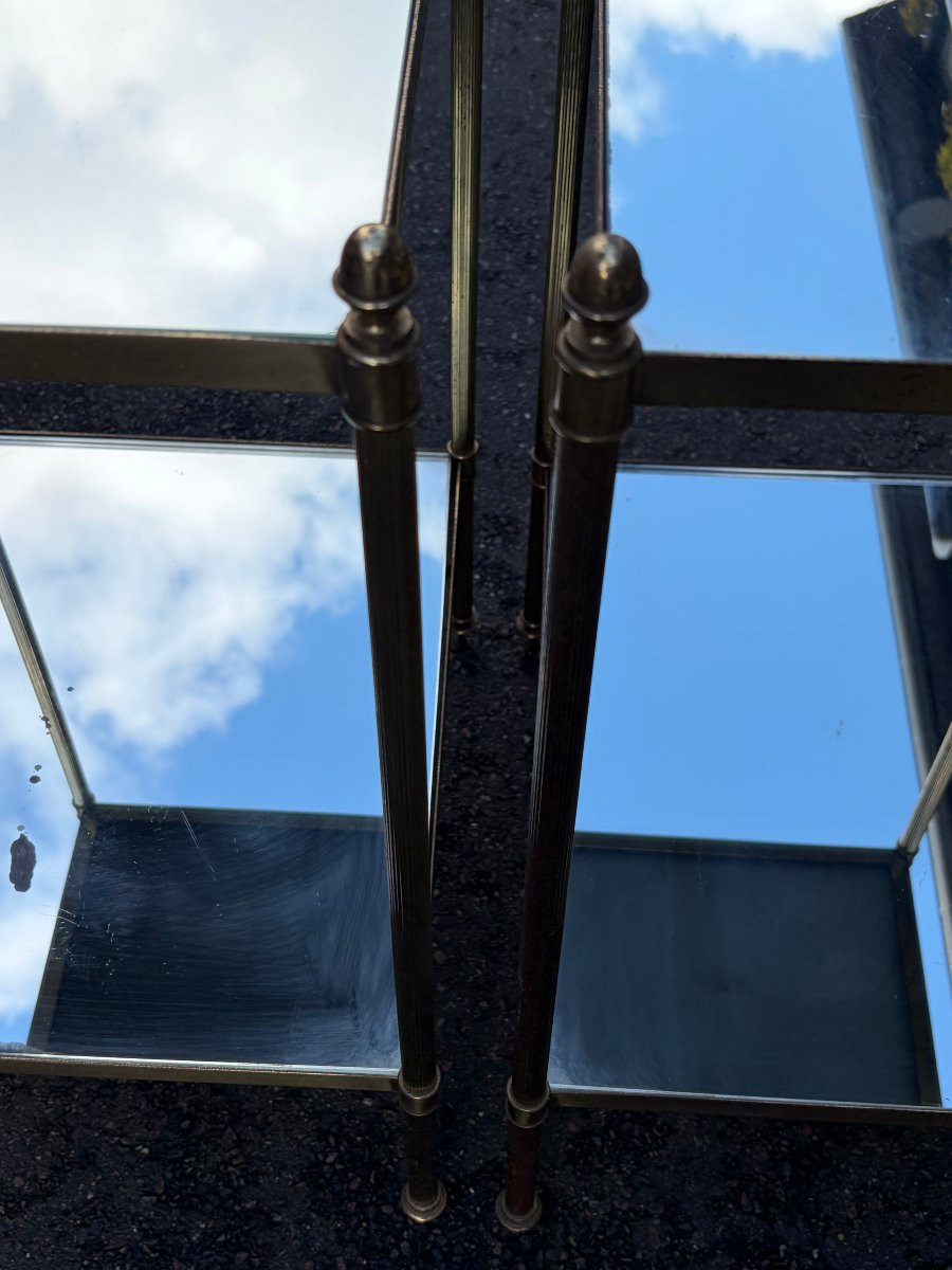 1970′ Paire de Bouts de Canapé  Bronze  2 Niveaux Maison Baguès Plateaux Miroirs 40 X 32 X H 62-photo-2
