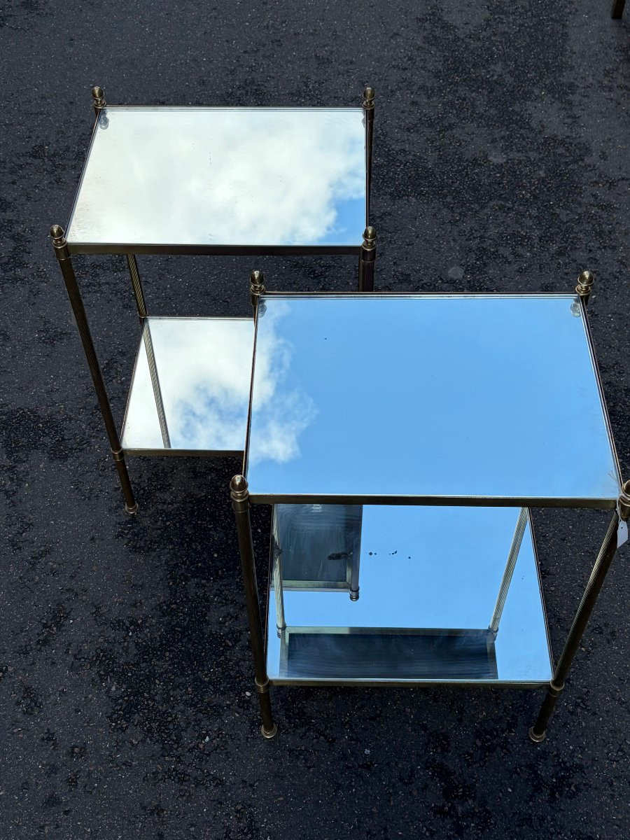 1970′ Paire de Bouts de Canapé  Bronze  2 Niveaux Maison Baguès Plateaux Miroirs 40 X 32 X H 62-photo-3