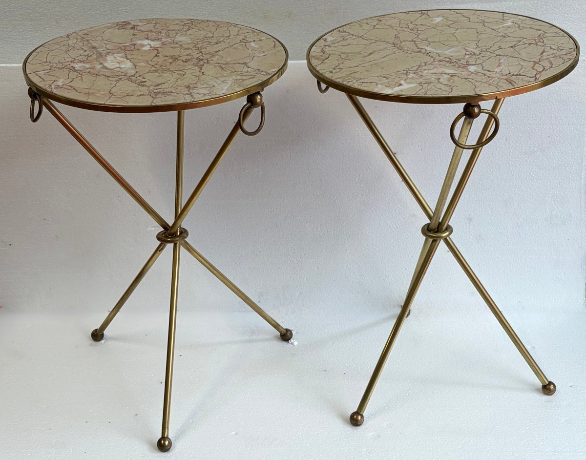 1940/50′ Paire de Guéridons Laiton Doré/ Jacques Adnet Ø 41,5 cm H 61 cm Marbre Rose Calacatta-photo-2