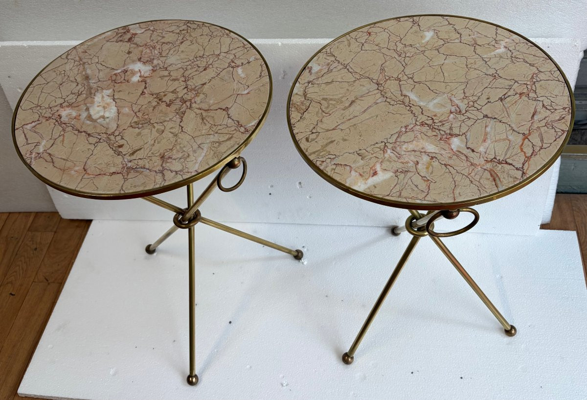 1940/50′ Paire de Guéridons Laiton Doré/ Jacques Adnet Ø 41,5 cm H 61 cm Marbre Rose Calacatta-photo-3