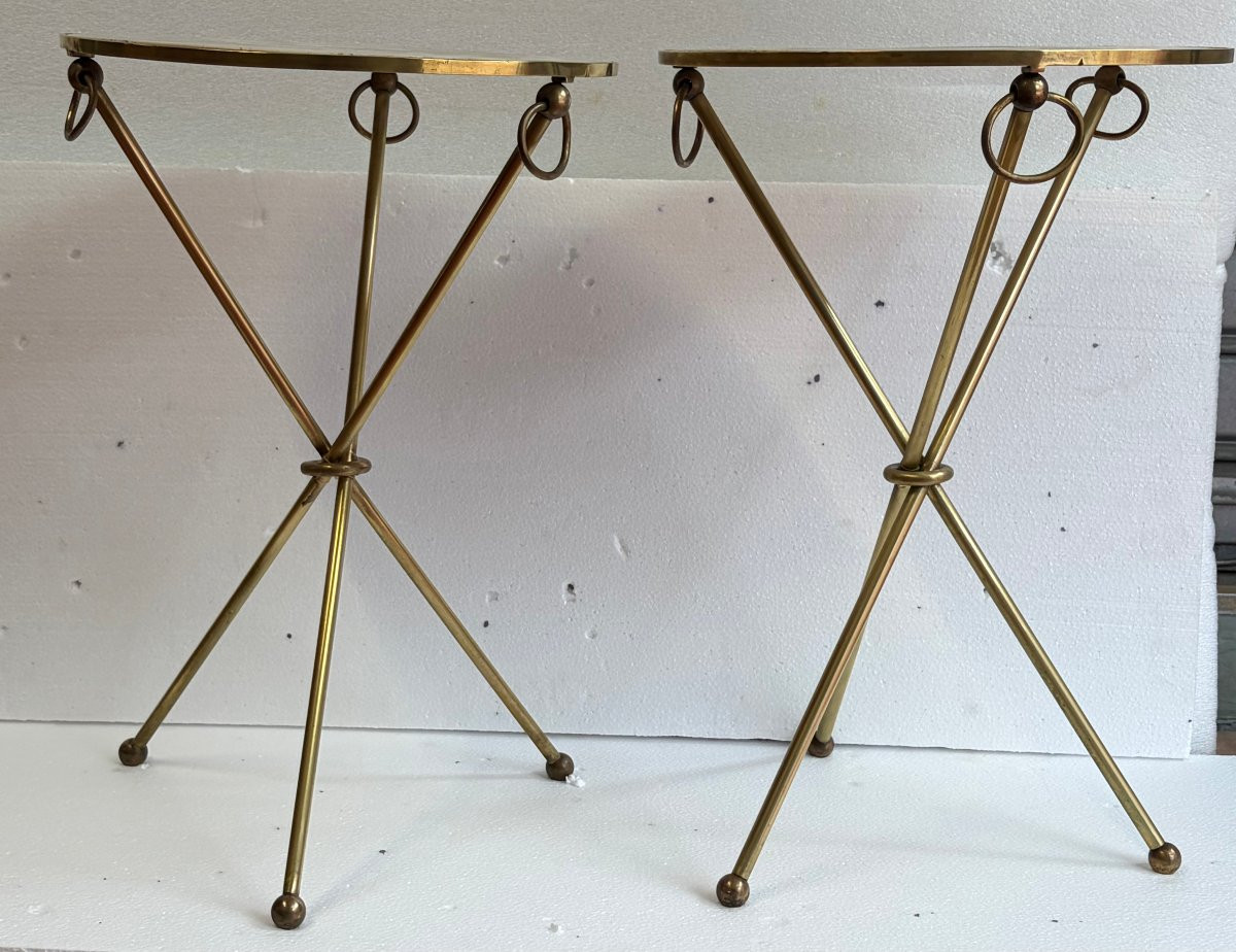 1940/50′ Paire de Guéridons Laiton Doré/ Jacques Adnet Ø 41,5 cm H 61 cm Marbre Rose Calacatta-photo-4