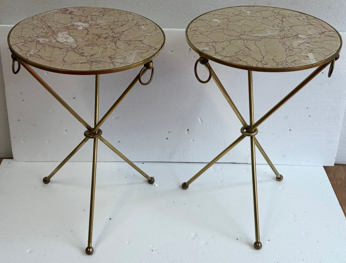 1940/50′ Paire de Guéridons Laiton Doré/ Jacques Adnet Ø 41,5 cm H 61 cm Marbre Rose Calacatta-photo-5