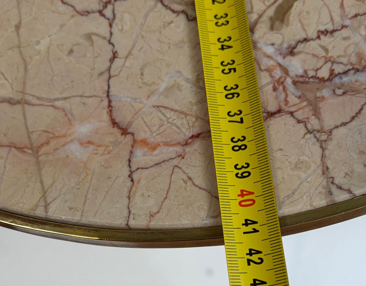 1940/50′ Paire de Guéridons Laiton Doré/ Jacques Adnet Ø 41,5 cm H 61 cm Marbre Rose Calacatta-photo-6